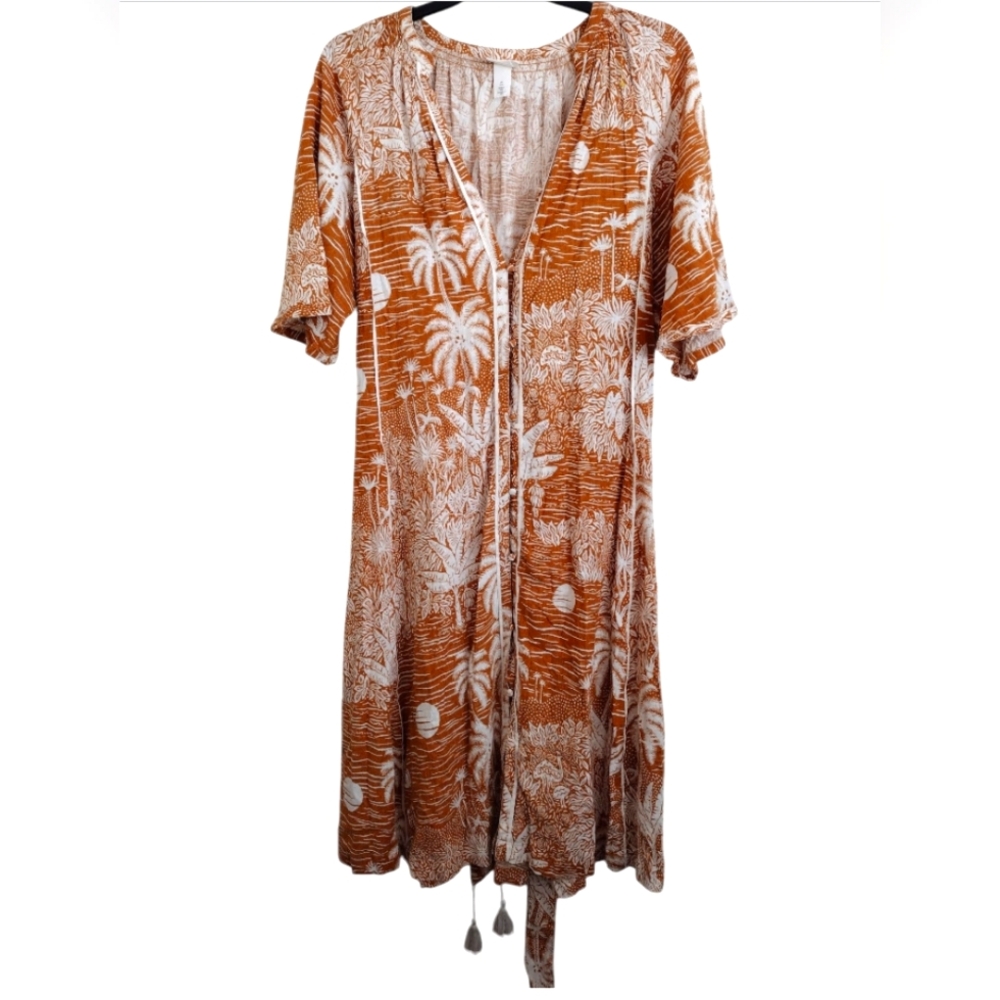 Desmond & Dempsey X H&M Tropical Print Linen Dress With Tie Size Large
